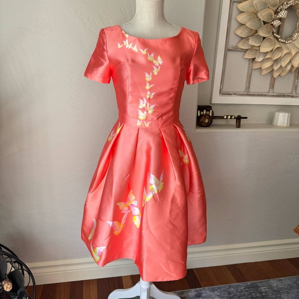 Isabel Garcia Orange Butter Fly Print Peplum Short Sleeve Midi Dress Size SX NWT